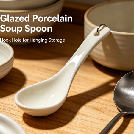 Glazed Porcelain Soup Spoon with Hook Hole for Hanging Storage